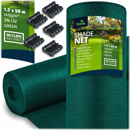 Varjuvõrk 90% varjutusega, HDPE, 50 klambrit, roheline, 1,2x50 m, 140 g/m²