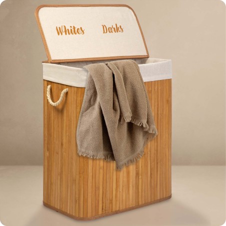 Pesukorv kaanega, 2-sektsiooniline, bambusest, 100 liitrit, 61 x 54 x 34 cm