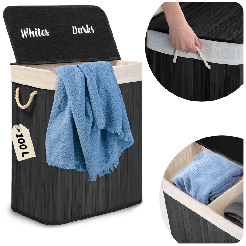 Pesukorv 2-kambriline kaanega bambusest, 100 liitrit, 61 x 54 x 34 cm