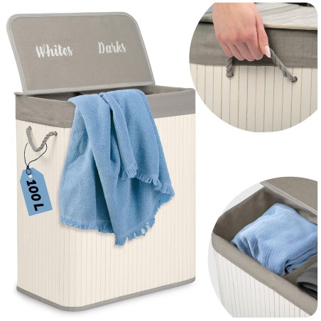 Pesukorv, 2-kambriline, kaanega, bambusest, 100 liitrit, 61 x 54 x 34 cm