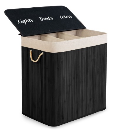 Pesukorv 3-kambriline kaanega, bambusest, 150 liitrit, 61x62x42 cm