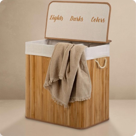 Pesukorv, kaanega, kolmekambriline, bambusest ja puuvillase sisuga, 150 liitrit, 61 x 62 x 42 cm