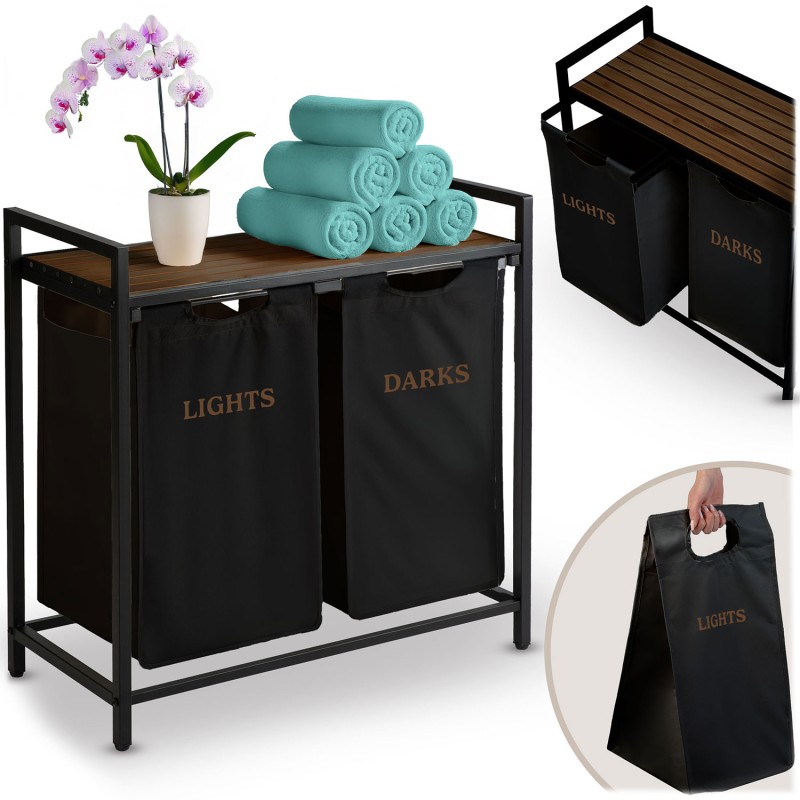 Pesukorv kahe kambriga riiuli ja raamiga, tööstuslikus stiilis, terasest ja puidust, 80 L, 74x72x33 cm