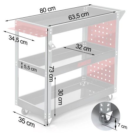 Tööriistakäru töökotta, kolme platvormi, roostevabast terasest ja alumiiniumist, 80x35x73 cm
