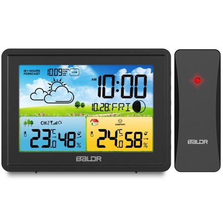 Ilmajaam juhtmevaba ekraaniga, ilmaprognoosi ja termomeetriga, must