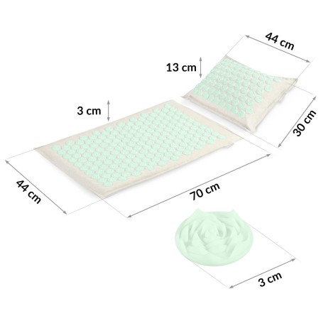 Akupressuurimatt naeltega ja padjaga, kookoskiust täidisega, hall-piparmünt, 70x44x3 cm matt ja 30x44x13 cm padi