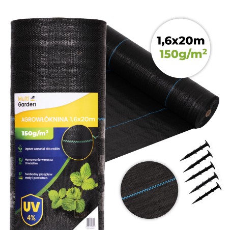 Must UV-kindel geotekstiil 150 g/m² umbrohutõrjematt 1,6×20 m, tihvtid