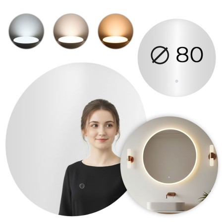 LED vannitoapeegel ümmargune seinale kinnitatav 80 cm 3 värvi puutelüliti 