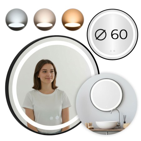LED vannitoapeegel ümmargune seinale kinnitatav 60 cm 3 värvi puutelüliti heleduse reguleerimine