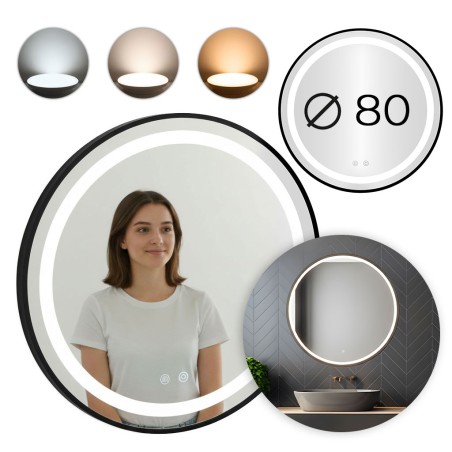 LED vannitoapeegel ümmargune seinale kinnitatav 80 cm 3 värvi puutelüliti heleduse reguleerimine