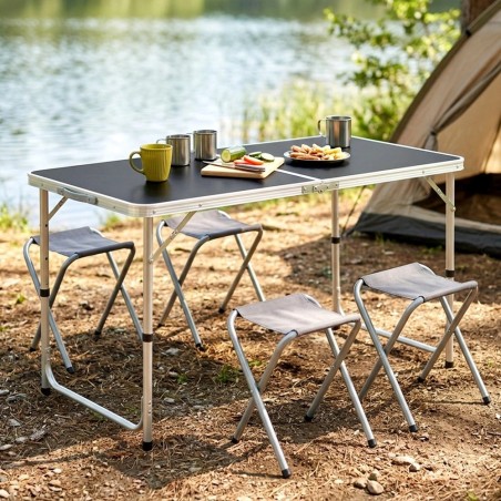 Kokkupandav turismilaud koos toolidega, grafiit metall, 3in1, 120x60x55/62/70 cm, 5 tk.
