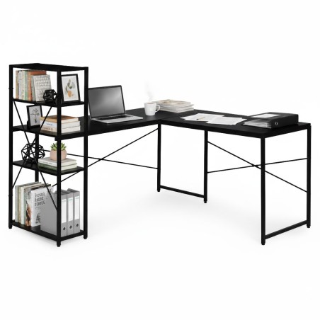 Nurgaarvutilaud riiuliga, 4 riiulit, must loft-stiilis 