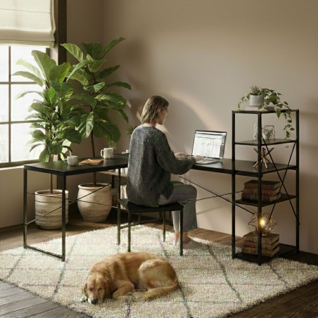 Nurgaarvutilaud riiuliga, 4 riiulit, must loft-stiilis 