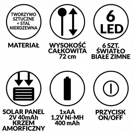 Päikese lamp 6 LED, 72 cm, külm valge – tuules tantsivad pallid