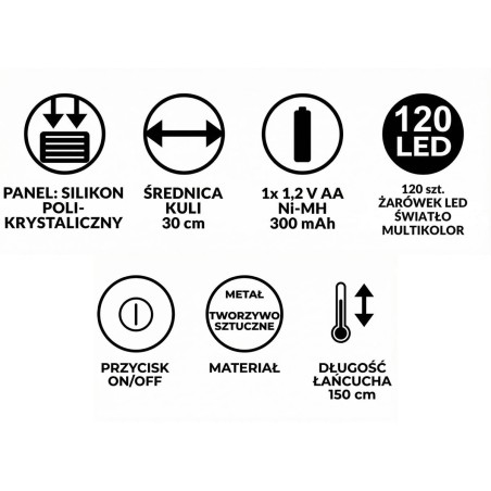 Päikese ripppall aiavalgusti SSL-6414, 30 cm, 120 LED