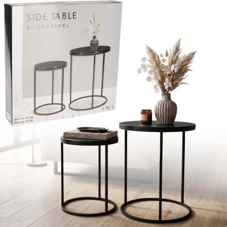 Ümarate diivanilaudade komplekt LOFT RING SIDE 30/40 cm, must MDF ja metall