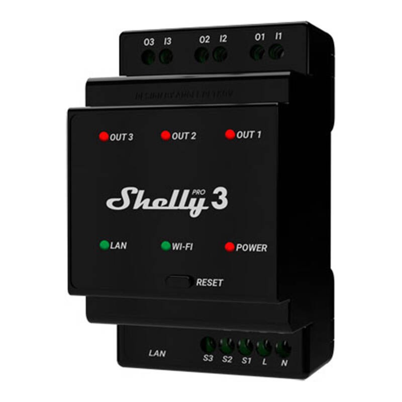 Shelly Pro 3 DIN Rail 3-kanaliline relee, WiFi/LAN