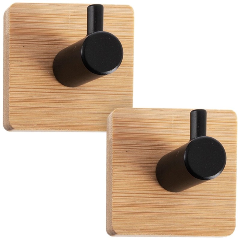 Isekleepuv riidepuu konks, bambus, metall, must, 4,5x4,5 cm, 2 tk.