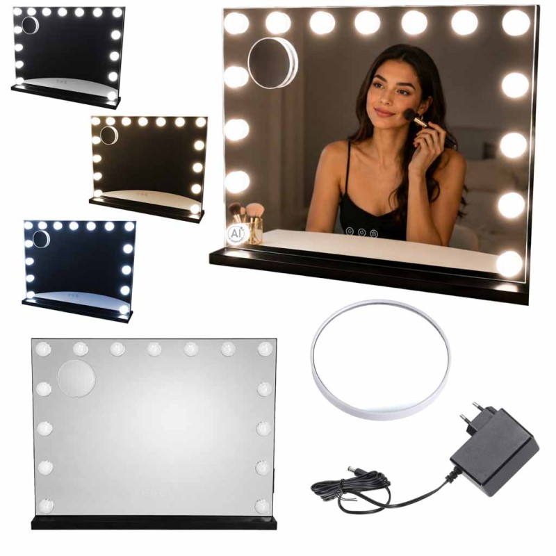 LED meigipeegel 15 kosmeetilise pirniga, x10 suum, heleduse reguleerimine
