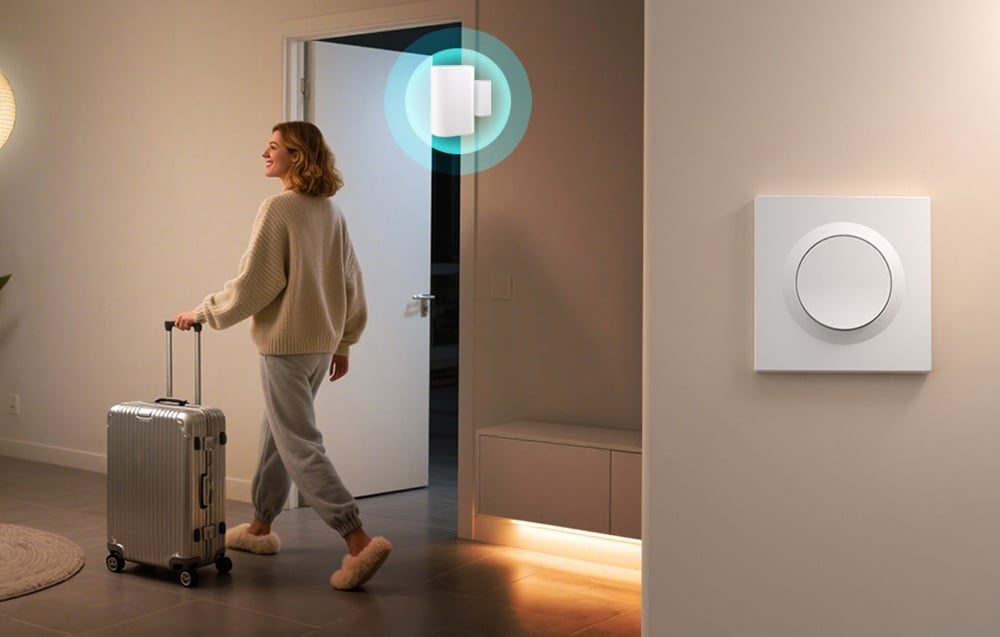 A woman with blonde hair walks through the hallway with a suitcase. On the right a white wall switch.
