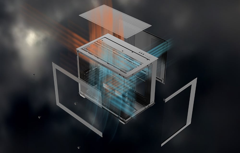 Disassembled case with visible panels, airflow, and internal structure on a dark background