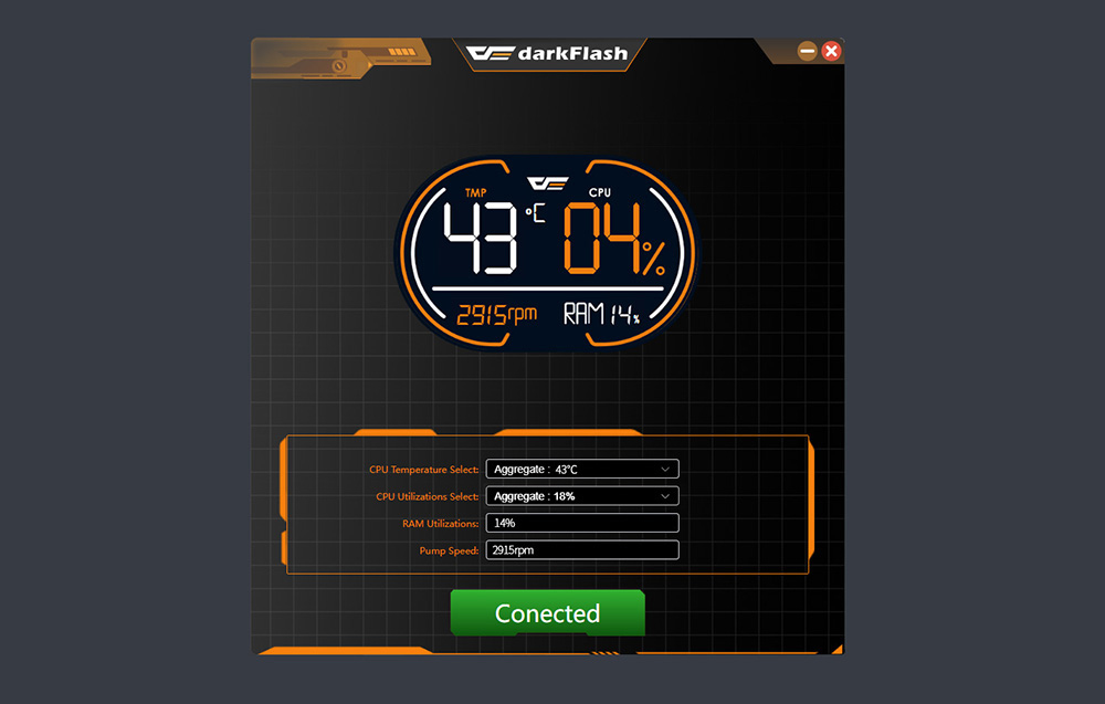 Screenshot of the darkFlash water cooling software showing CPU, RAM, and pump speed parameters