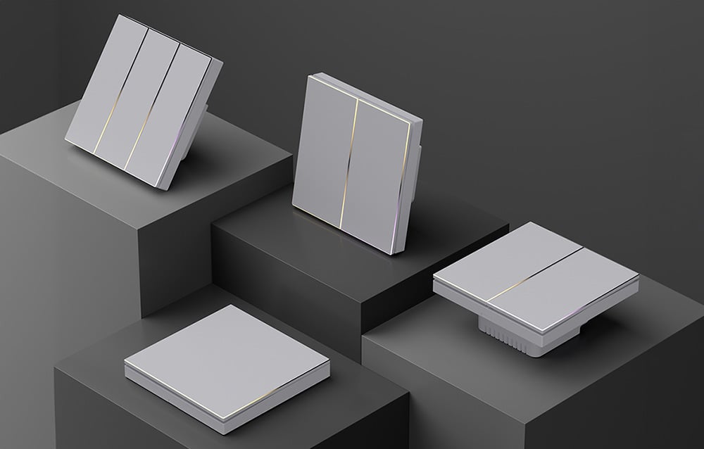 Collection of white touch switches - one, two and three-key models on gray platforms