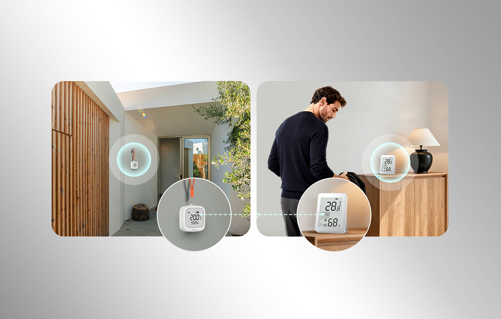 Two sensors monitoring the temperature in the outdoor area and at the entrance to the house with data preview on the screen.