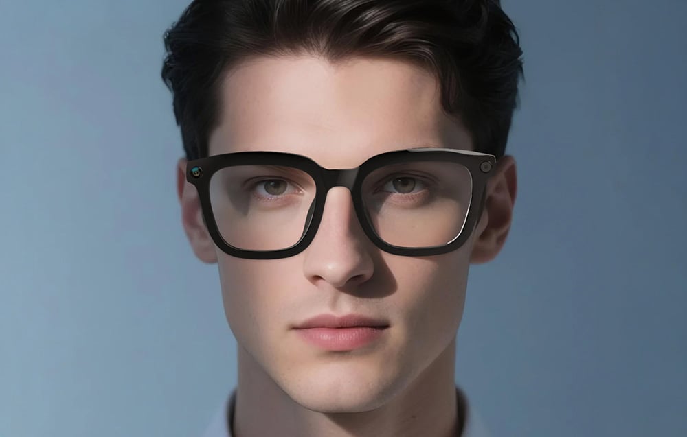 Front view portrait of a man wearing black smart glasses with visible lenses in the corners of the frames.
