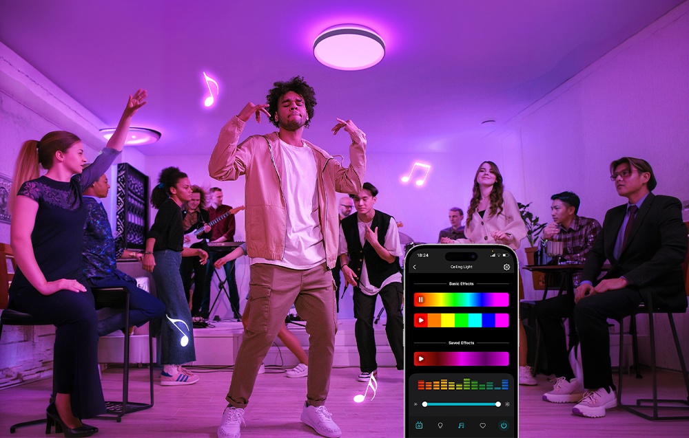 A group of people dancing at a party in a room with purple ceiling lighting and a visible app.