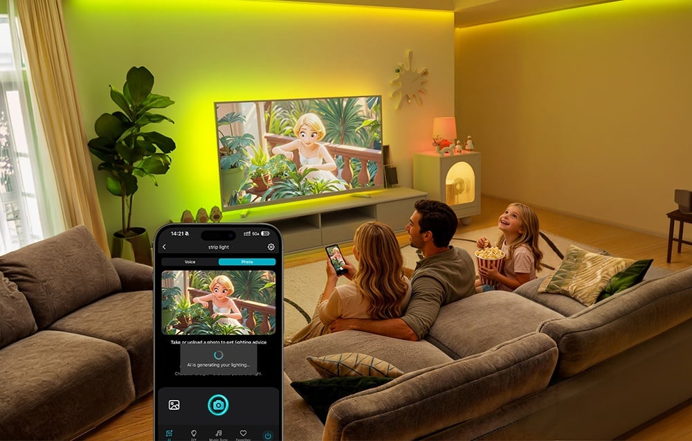 A family watches a cartoon with their child in a living room lit by colorful LED strips