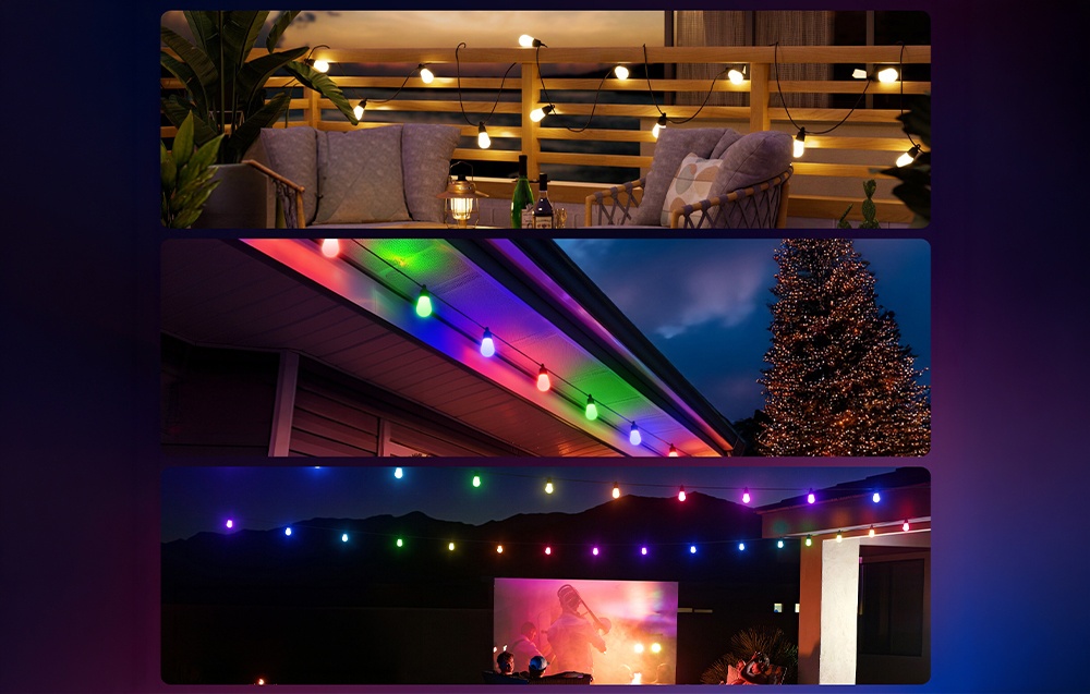 Three images showing string lights on a balcony, under a building’s roof, and above an outdoor cinema at night.