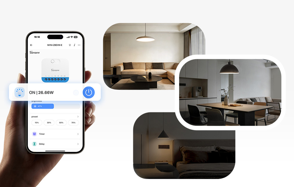 Smartphone with the Sonoff app held in the hand, on the right 3 rooms with the lights on