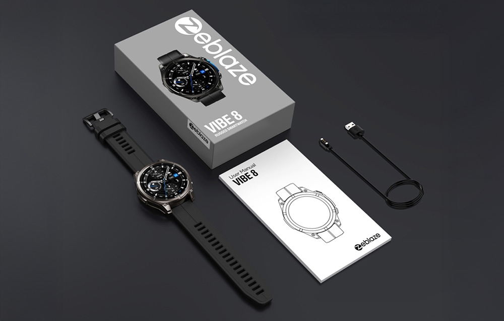 Zeblaze Vibe 8 box, smartwatch, manual and charging cable arranged on a dark background