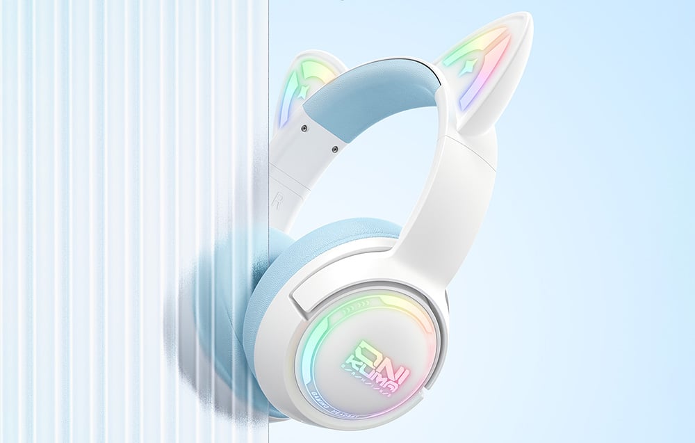 White Onikuma headphones partially obscured by a transparent wall