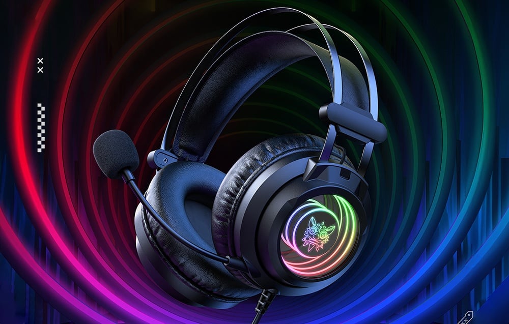Headphones with colorful backlighting on an abstract background with concentric RGB circles