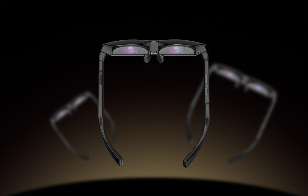 Bottom view of the glasses with clearly visible electronic components and transparent inner screens