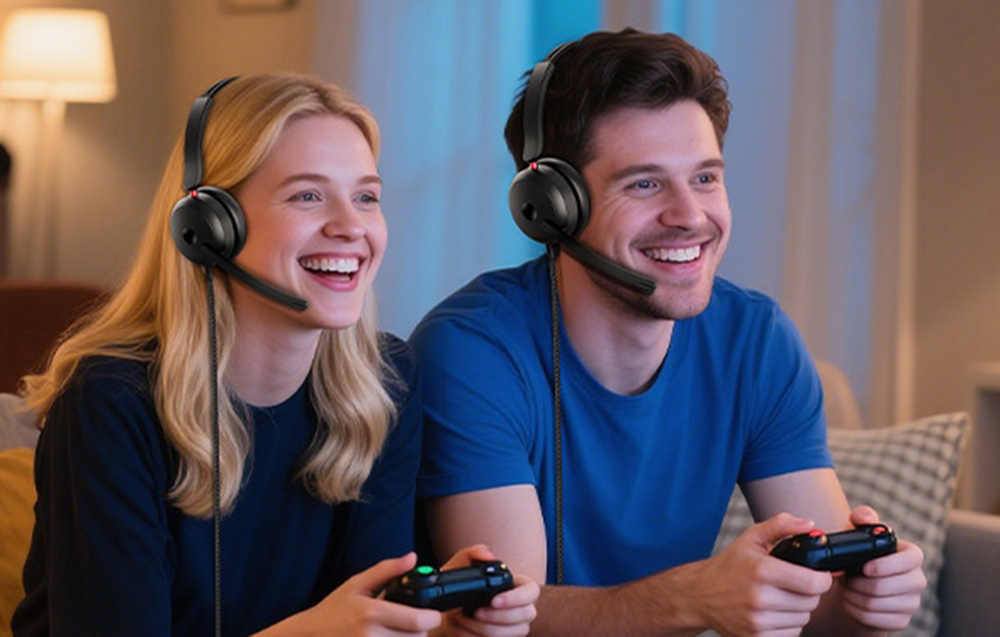A man and woman play console together, wearing Onikuma gaming headphones
