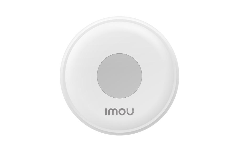 A round, white device with a gray button in the center and the Imou logo at the bottom, shown from the front