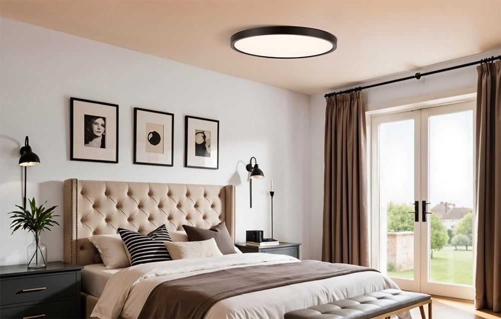 Yeelight Meteor C230 ceiling lamp in a bedroom with an upholstered headrest, three paintings on the wall and large balcony doors.