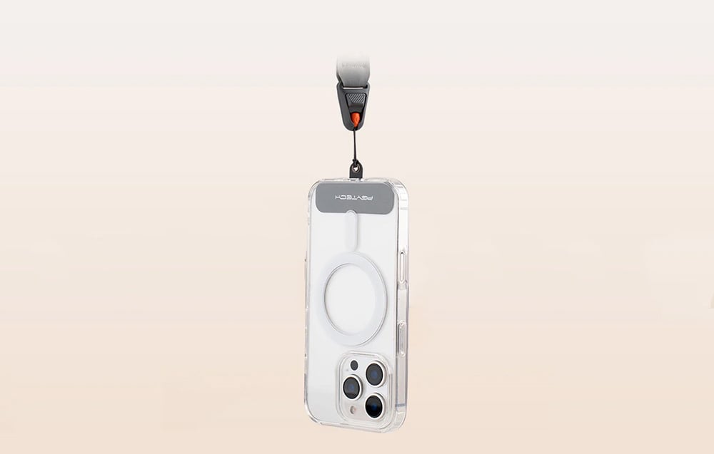 An iPhone mounted to a PGYTECH neck strap located on a beige background