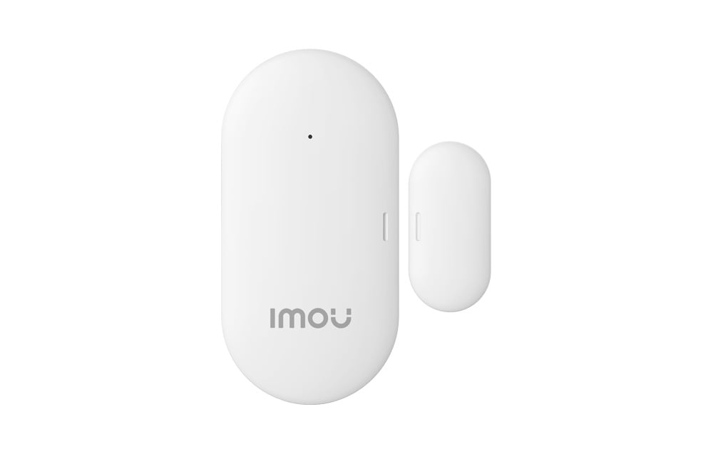 A white, elongated Imou magnetic door and window sensor consisting of two components of different sizes