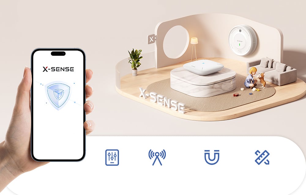 A smartphone with the X-Sense app next to a visualization of a modern living room with smoke detectors and a control base