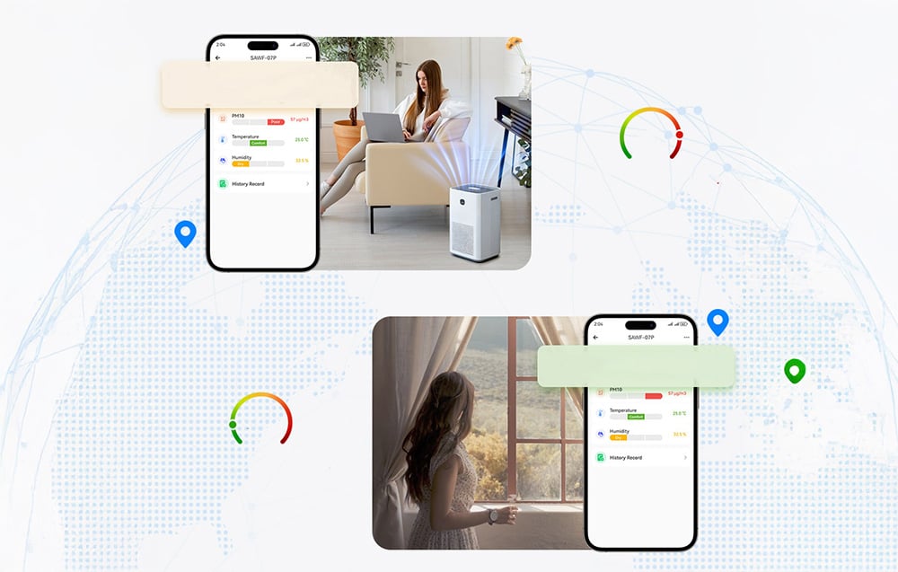 2 women in different rooms: in the living room and in the room by the window. Next to them are smartphones with the Sonoff app turned on