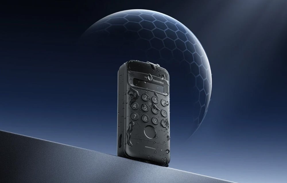Waterproof SwitchBot keypad with water drops against a futuristic dome and dark sky