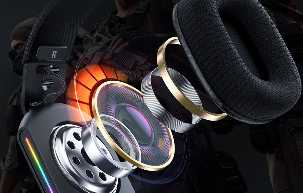 Cross-section of headphones showing internal speaker components with colored elements
