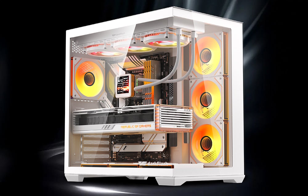 DarkFlash C280 white computer case with glass side panel and orange RGB fans