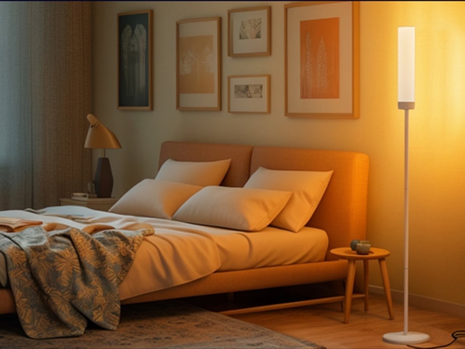 A bedroom with a large bed, paintings on the wall, and a tall, slender lamp emitting warm, yellow light.