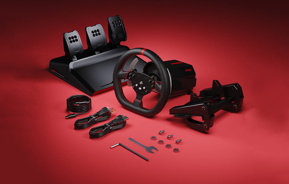 Complete PXN-V10 Pro gaming kit with steering wheel, pedals, mounting clamps and all accessories on red background