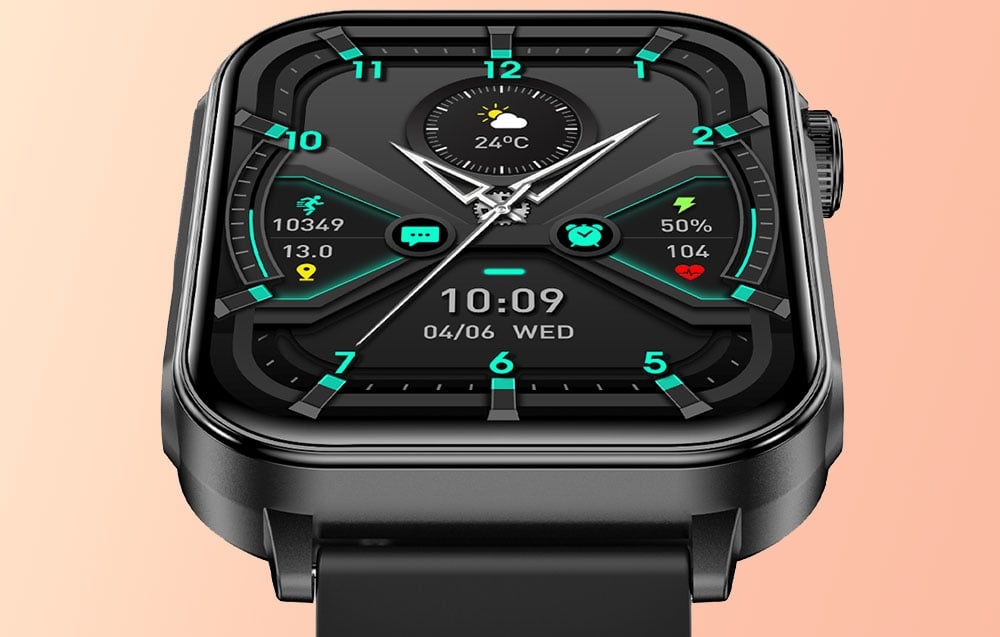 Close-up of the screen of a black smartwatch displaying the time.